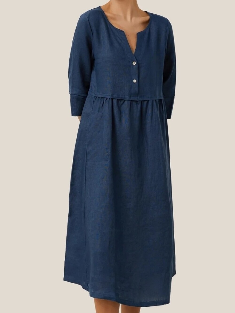 Lintico 100% Linen Loose Fit Button Waist Gathered Midi Dress LUNA